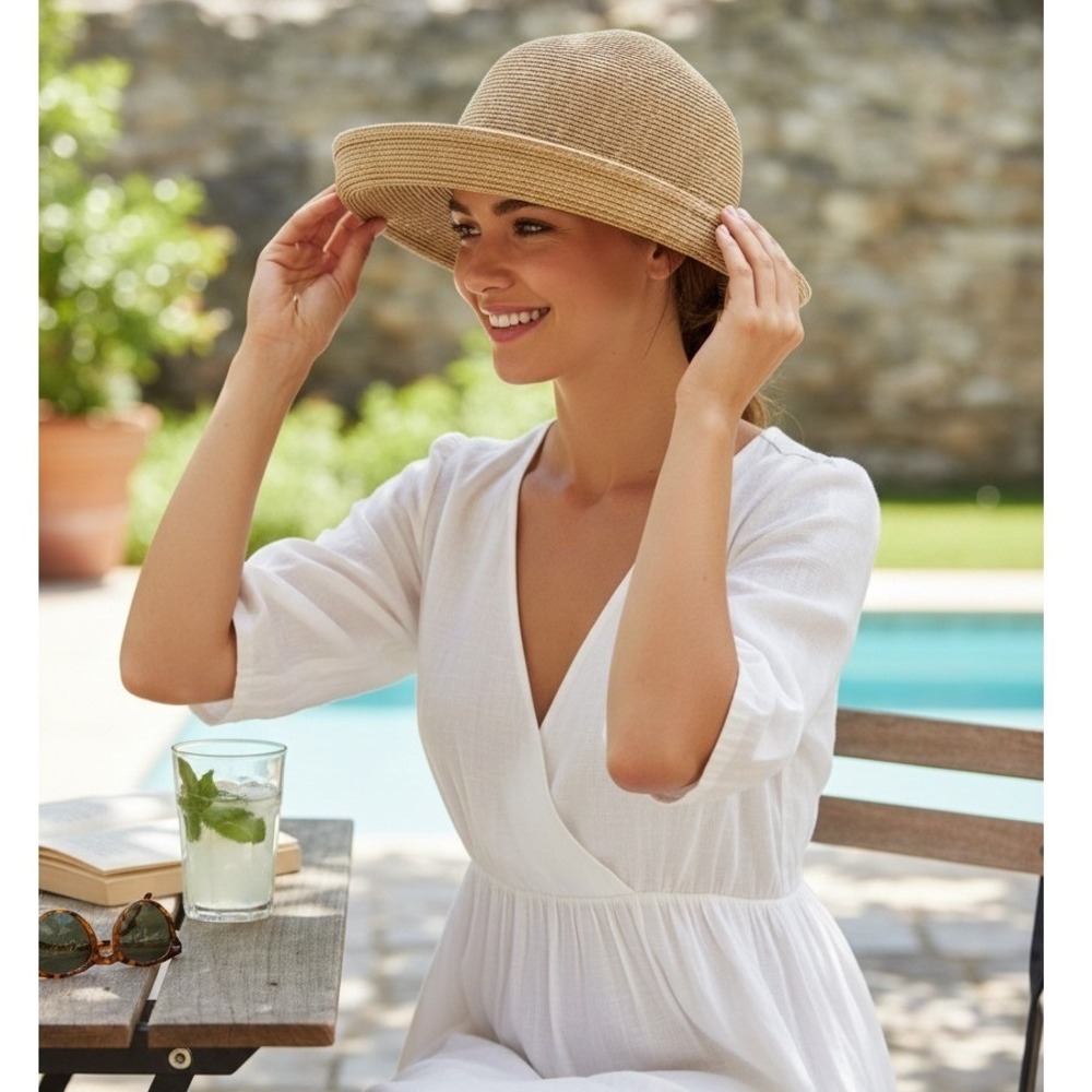 Eric Javits Squishee Packable Straw Sun Hat Tan Beige Wide Brim #324H